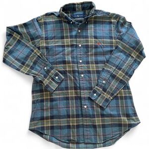 Ralph Lauren Mens Flannel Sz L Blue Yellow Green Plaid Western Button Down Shirt